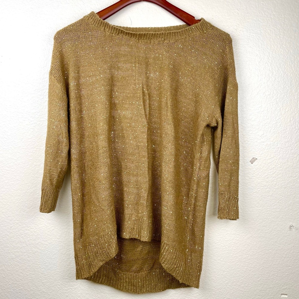 Womens Top Sweater Sz L Gold Metallic Minimalist Fairy Boho Pull Over Brown